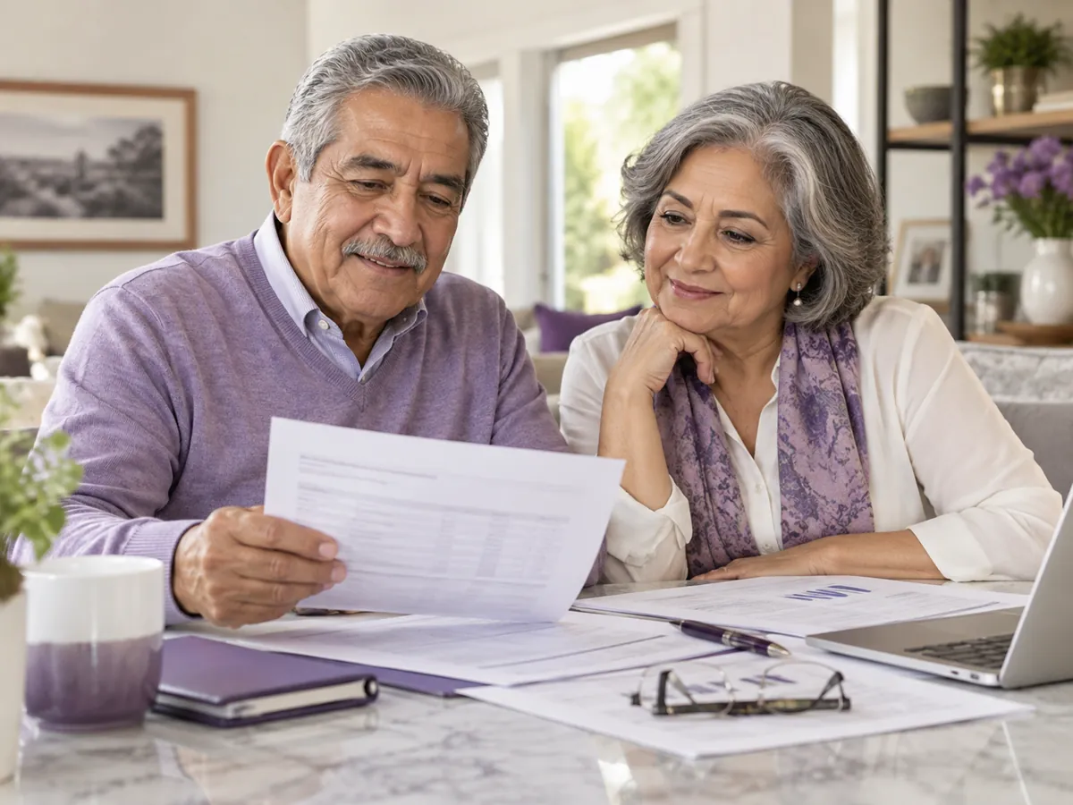 Pareja de adultos mayores revisando con tranquilidad sus documentos de retiro